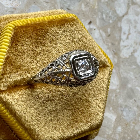 Diamond 18k White Filigree Edwardian Ring - Picture 8 of 14